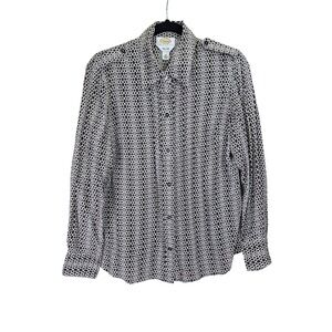 Talbots Petites Silk Button Down Womens‎ Shirt 14 Brown White Snake Print Office